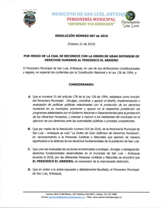 Resolución por medio de la cual se otorga la orden de gran defensor de derechos humanos a el Periódico El Arriero, Pag 1