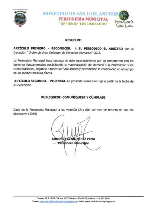 Resolución por medio de la cual se otorga la orden de gran defensor de derechos humanos a el Periódico El Arriero, Pag 2