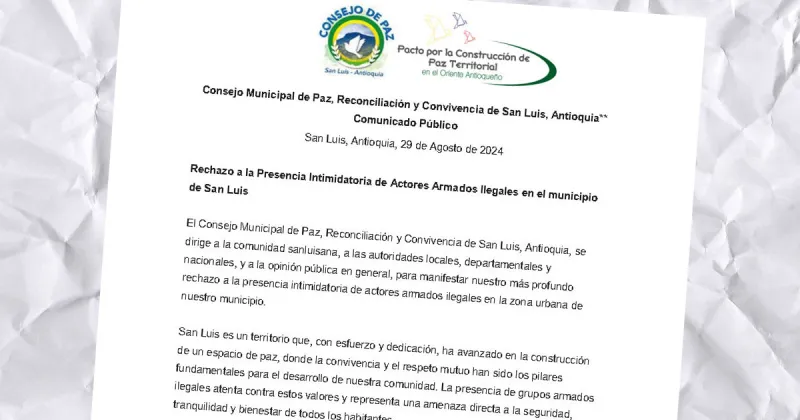 Rechazo a la Presencia Intimidatoria de Actores Armados Ilegales en el municipio de San Luis